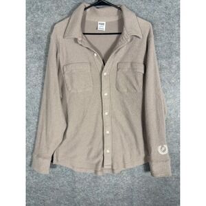 PINK Victoria's Secret Cozy Fleece Button Up Shirt Taupe Laurel Crest Logo Sz S